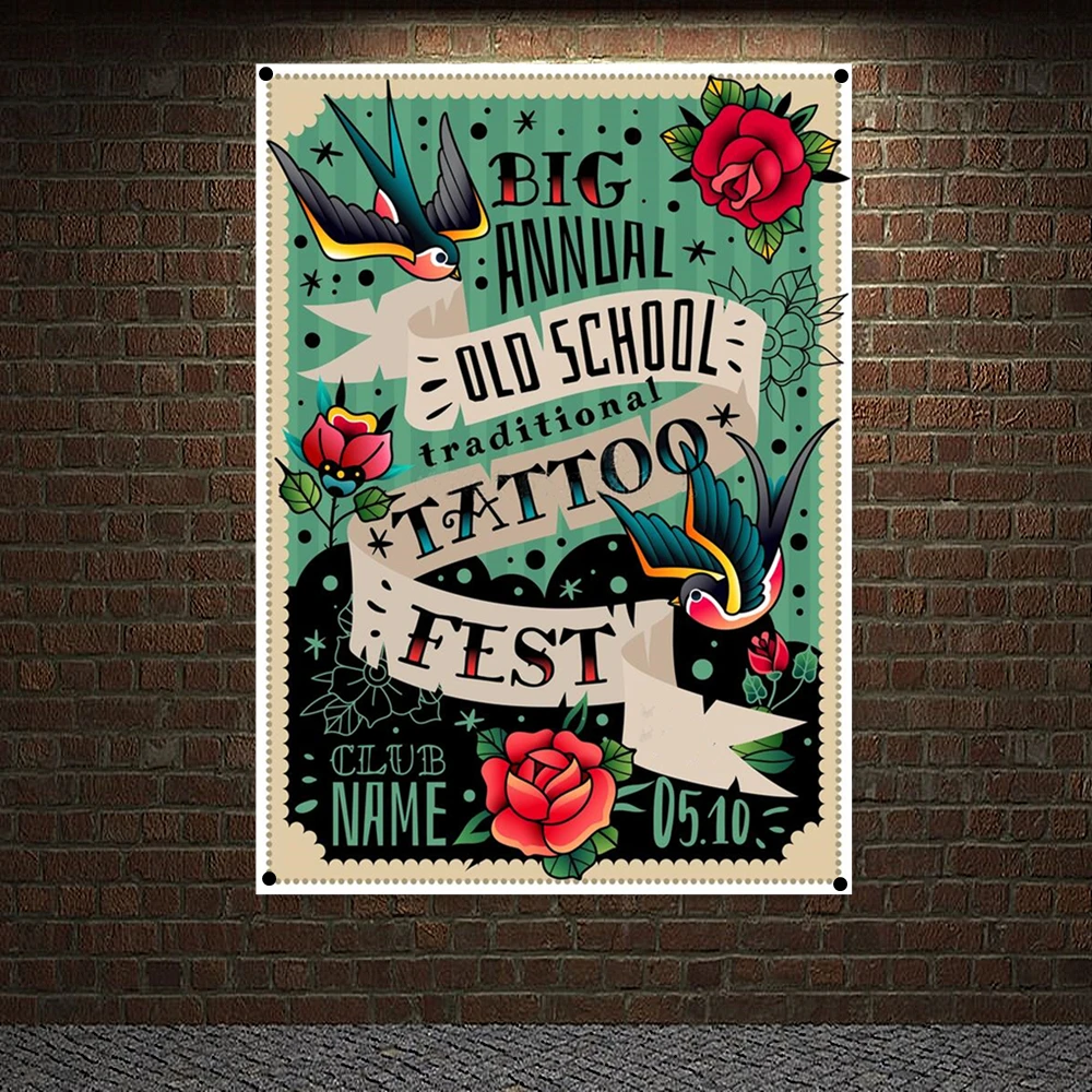 

Two swallows Old School Traditional Tattoo Poster Wall Hanging Skull Art Banners Flags Flip Chart Wall Hanging Canvas Painting
