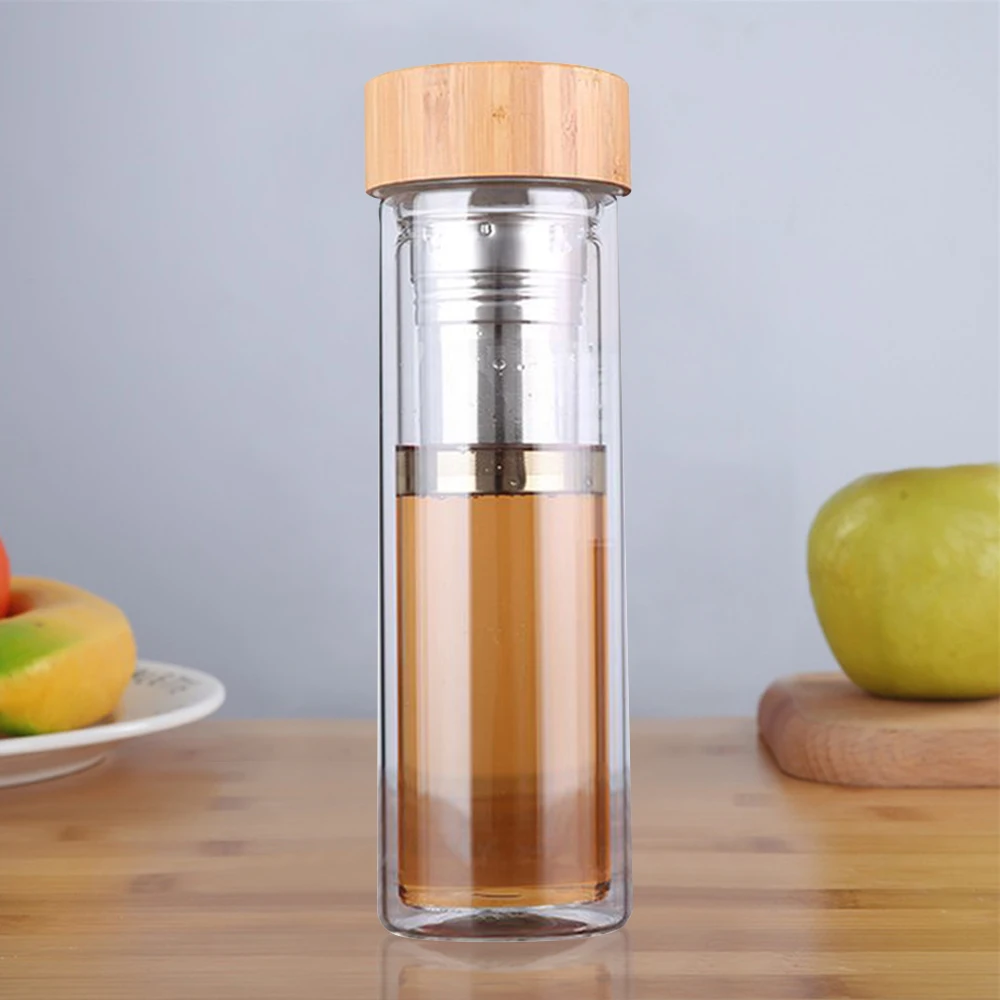 

500ML Glass Water Bottle with bamboo lid and Rope Double layer borosilicate glass Drink Bottle Thermal Insulation Tea bottle