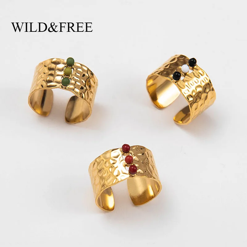 Wild & Free New Gold Wide Opening Finger Rings Jewelry For Women Stainless Steel Handmade Stone Concave Convex Adjustable Ring