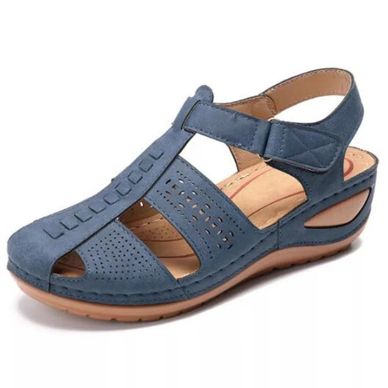 

Women Sandals Summer Ladies PU Buckle Strap 5.5CM Wedges High Heels Round Toe Shallow Back Strap Soft bottom Retro Cutout blue