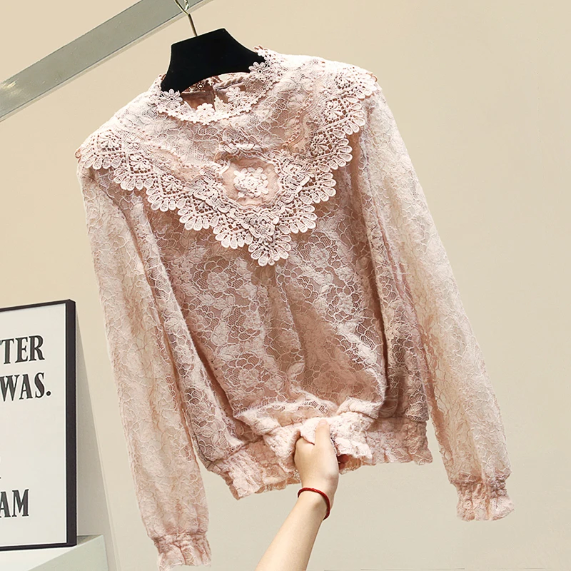 

Turtle-Neck Slim-Fit Lace Shirt Female Withe Lace Shirt Girls Ladies Lace Blouse Basic Tops Female Nancylim