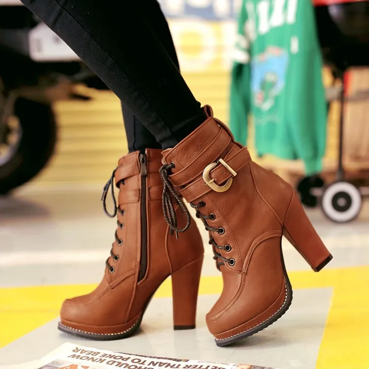 

Lady Boots Women's Shoes Platform Booties Woman 2019 High Heels Luxury Designer Lace Up Round Toe Boots-women Winter Footwear