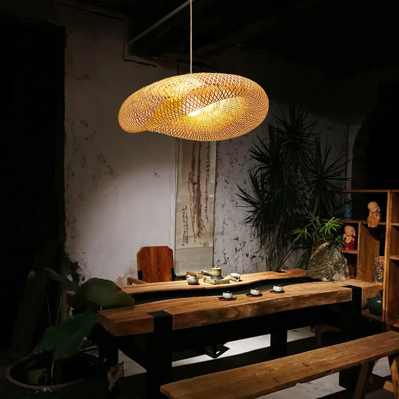

Candelier Zen Tea Room Lamp Retro Chinese Restaurant Bamboo Weaving Individual Rattan