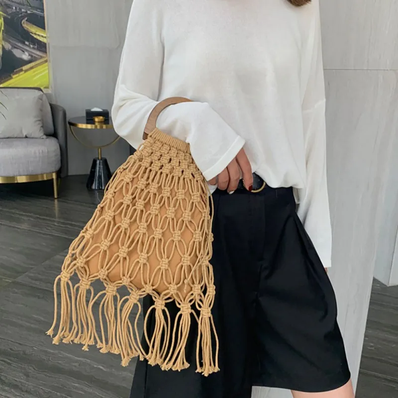 

Bohemian Handmade Straw Hand Woven Bags Wooden Hollow Out Tassel Beach Bag For Women Mesh Totes Shopping Bags