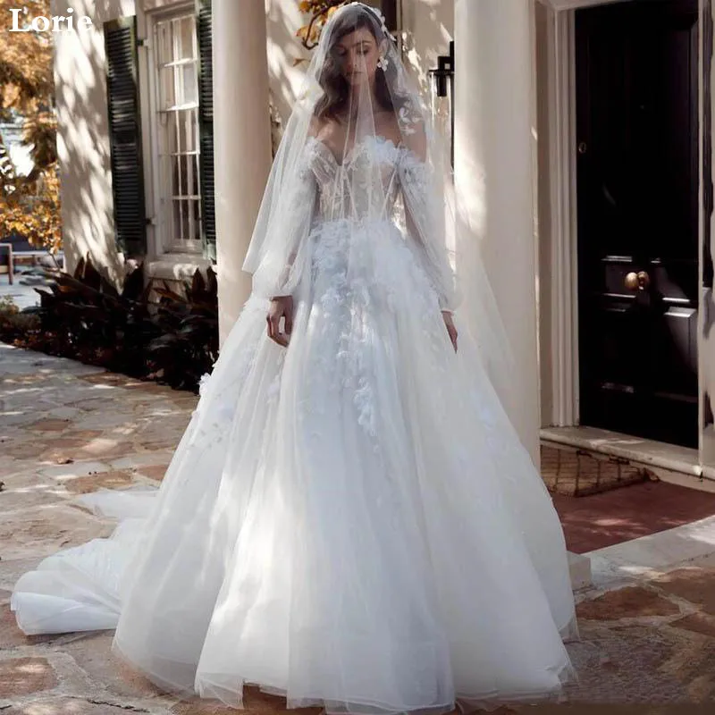 LORIE Sexy Lace Wedding Dress Puff Sleeve Sweetheart Bridal Dress Elegant 3D Flowers Robe de soiree Wedding Ball GownsCustomized 6