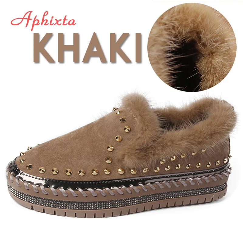 Khaki-Warm Aphixta/обувь с натуральным норковым мехом; женская обувь на плоской подошве; Роскошная зимняя обувь с заклепками, прошитая вручную; женская обувь на платформе без застежки, украшенная кристаллами - Цвет: Khaki-Warm