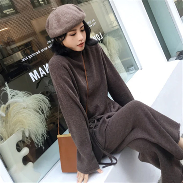 Brown Colorfaith, новинка, Осень-зима, женские комплекты, комплект из двух предметов, пуловер, штаны, одежда для отдыха, пояс, вязание, минималистичный стиль, WS643 - Color: Brown