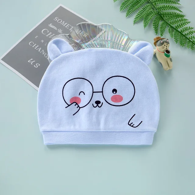Four Seasons Kids Newborn Baby Hats 100% Cotton Cap 40 Color Cartoon Cute Printed Hat Suitable for 0-12 Months Baby Accessories Glasses cat blue