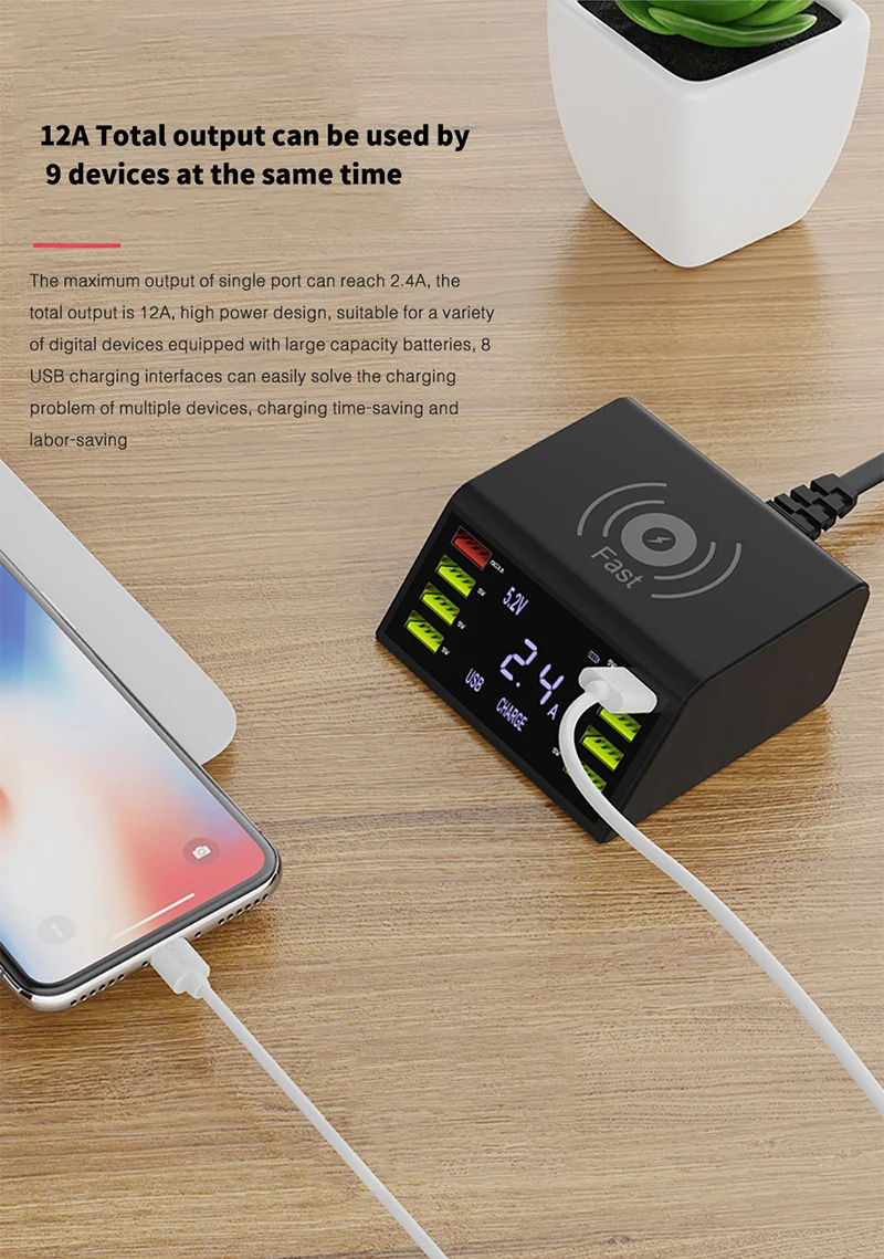 Быстрая USB Зарядное устройство 60W 8-Порты и разъёмы светодиодный Дисплей Quick Charge 3,0 рабочего Беспроводной зарядная станция для IPhone samsung Xiaomi