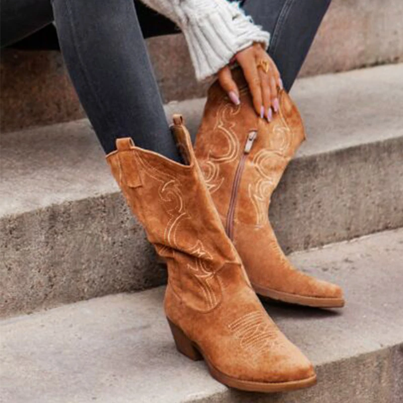 

Winter Women's Embordiery Mid Calf Boots Woman Flock Warm Plush Comfort Boots Ladies Party Stylish Pumps Zip Shoes Plus Size 43