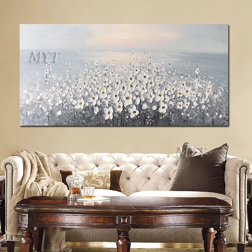 

Horizontal plate white knife flower impression oil painting 100% hand-painted wall painting decoration
