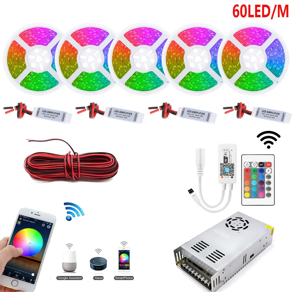 

5M-50M RGB LED Strip WIFI 5050 60LED/M Full Color Diode Tape Lights With IR Remote WIFI Controller 12V PSU For Home Decoration
