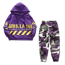 New Fashion Sets For Girl Boy Hip Hop Dance Costumes 4-18Y Children Teenager Long Sleeve Hooded Tops+Camouflage Pants