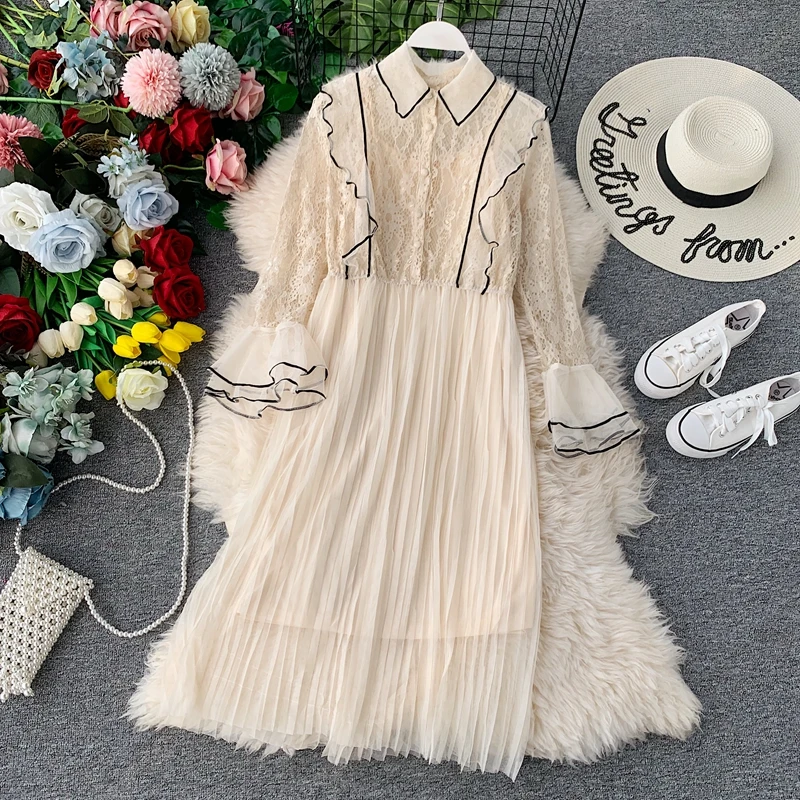 

Women Lace Dress Ruffles Elastic Waist Flare Sleeve Female Long A-line Black Dress Boho Beach Dress Party Dresses