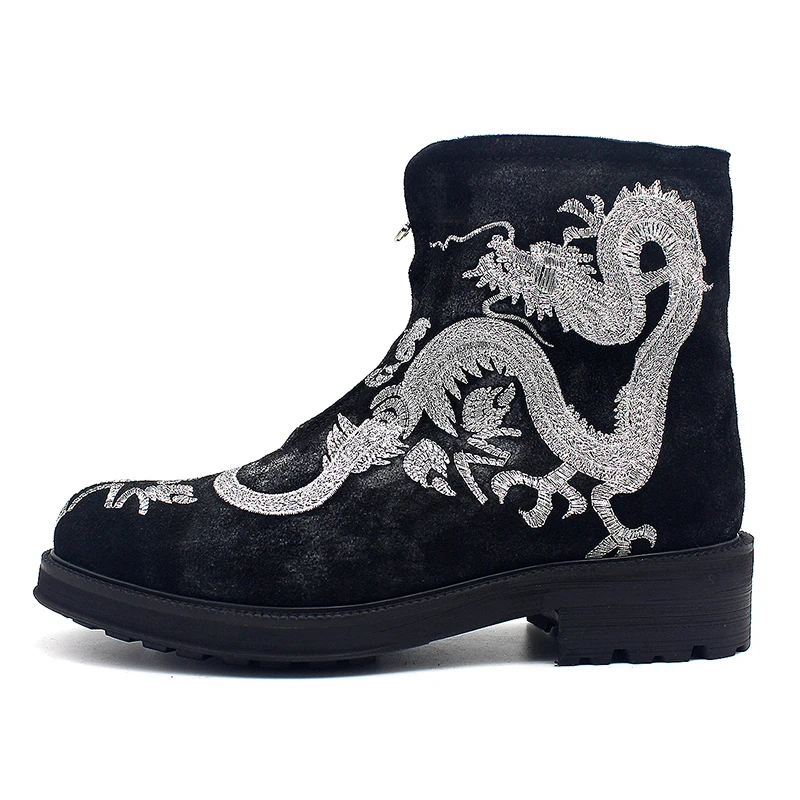 

Silver Dragon Ankle Embroidered Boots Men Vintage Platform Zip Round Toe Cowboy Boots Casual Party Botas Winter Runway Shoes Men