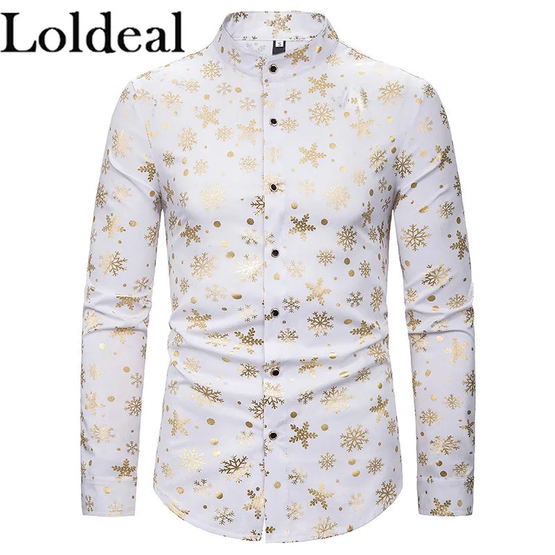 Мужская блестящая Рождественская рубашка Loldeal со стоячим воротником белая