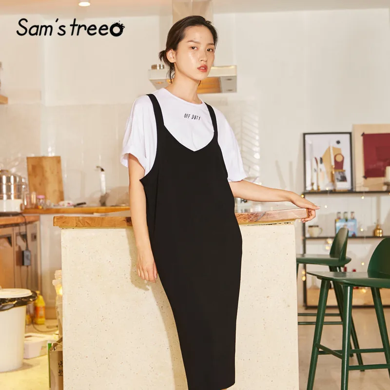 SAM'S TREE/черное однотонное прямое женское платье в минималистическом стиле, осень, коричневое платье без рукавов, Повседневное платье для работы