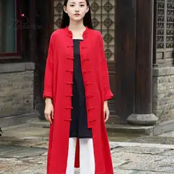 Весна Лето Хлопок и белье сплошной цвет китайский стиль винтажные женские длинные куртки верхняя одежда