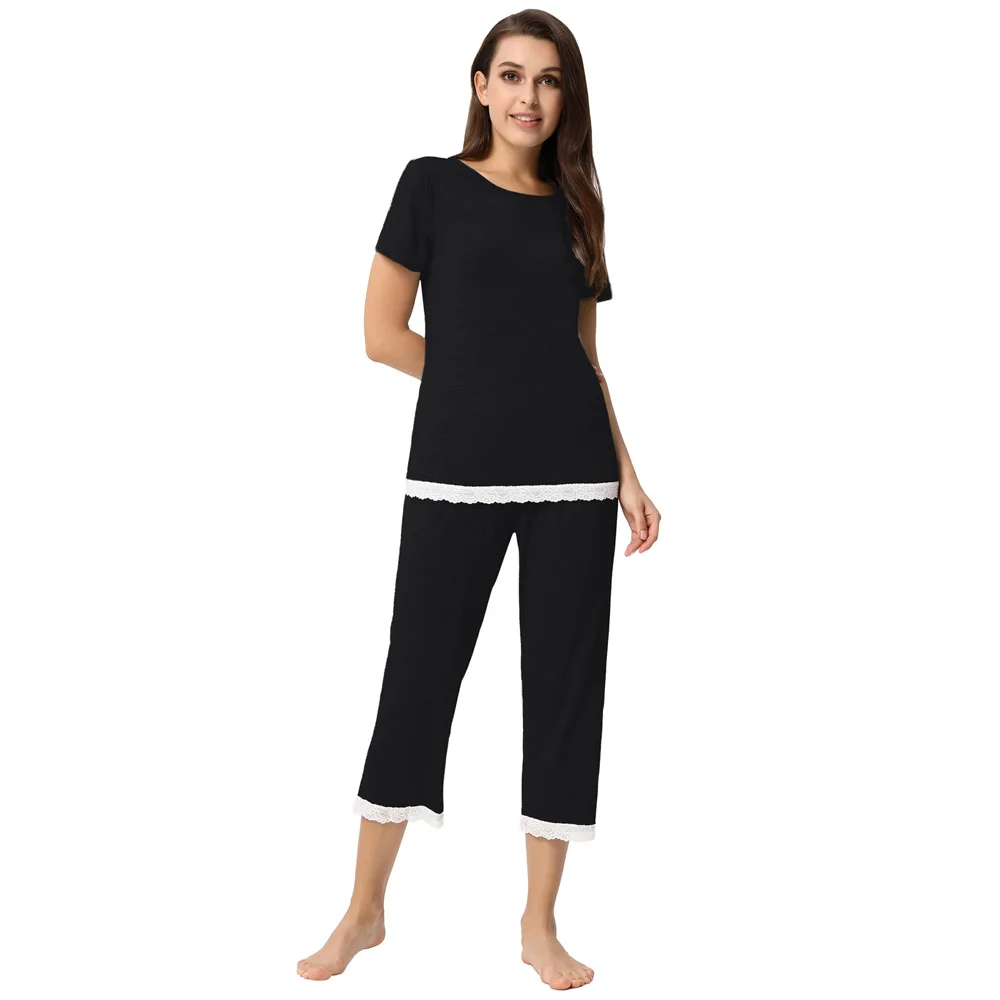 Women's 2pcs Set Comfy Modal Sleepwear Short Sleeve Tops+Cropped Pants summer comfortable stretch nightwear ladies Pajama sets