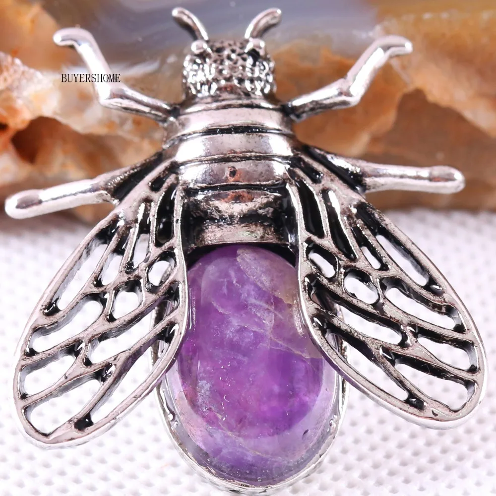 1Pcs Silver Cicada Brooch Natural Stone Pendant Howlite Rhodonite Carnelian Onyx Bead for Men Women DIY Jewelry Making