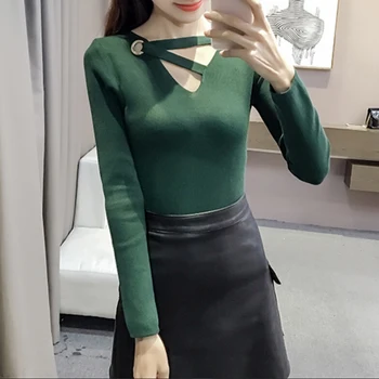 

Women 2019 Autumn Winter Long Sleeve Sexy Slim Tops Solid Streetwear Knitted Korean Pullover V Neck Sweaters