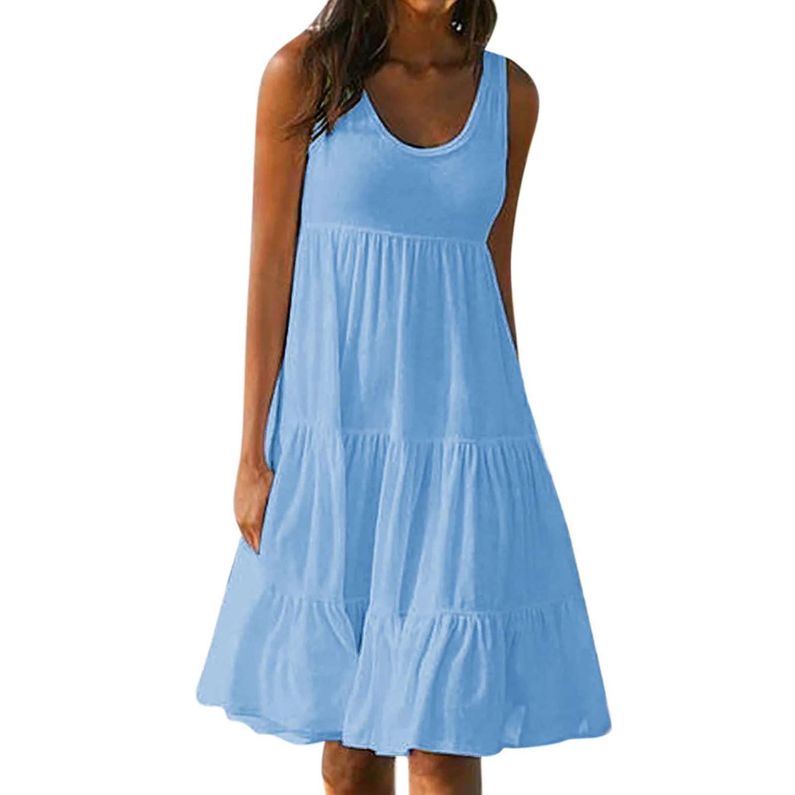 Dresses For Women 2021 Sleeveless Round Neck Solid Color Splicing Big Swing Beach Dress Vestido De Mujer платья для женщин 2