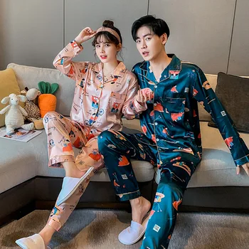 

Couples Men&Women Satin Pajamas Set 2pcs Shirt&Pant Home Clothes Lovers Sleepwear Intimate Lingerie Pyjamas Suit M L XL XXL 3XL