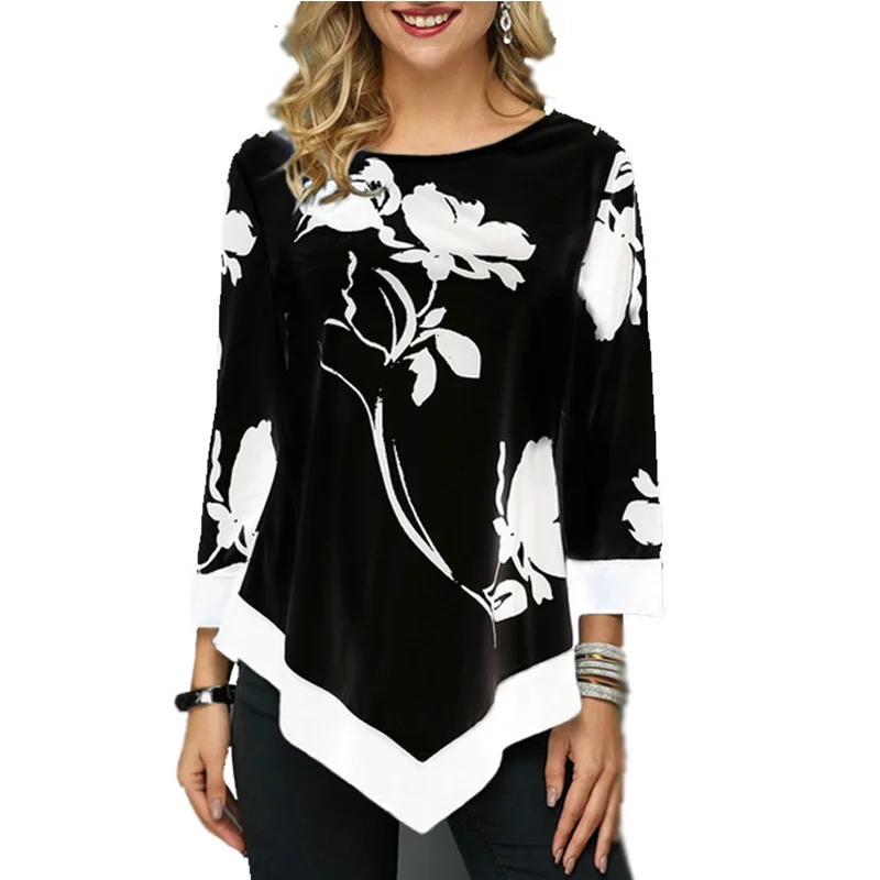 

Plus siez 5xl Floral Ink painting print Irregular women T shirt spring summer china style long sleeve thin clothes oversized top