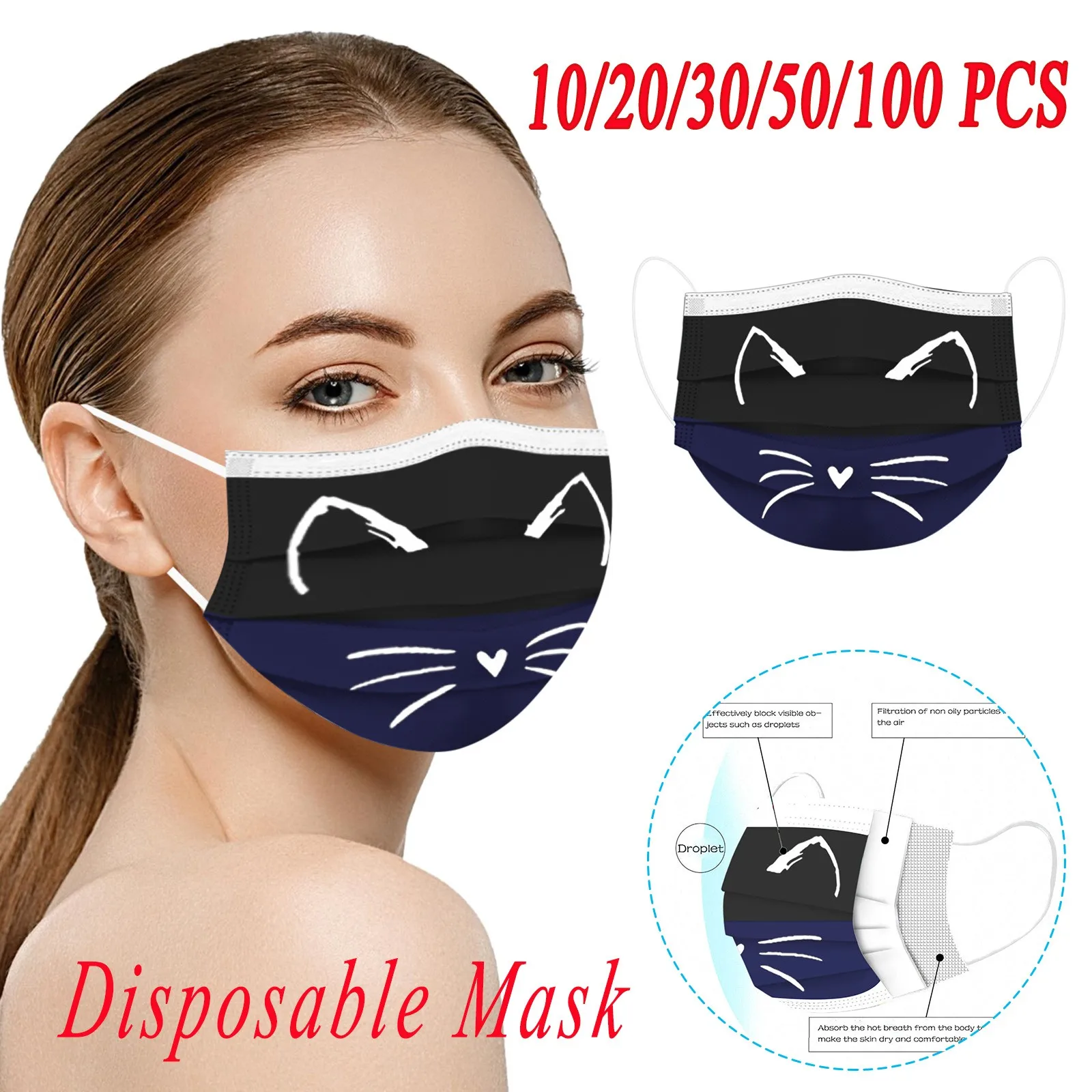 10/50 шт. взрослых с принтами котов дышащая маска для лица 3 слоя jetables Mascarillas Mondkapje