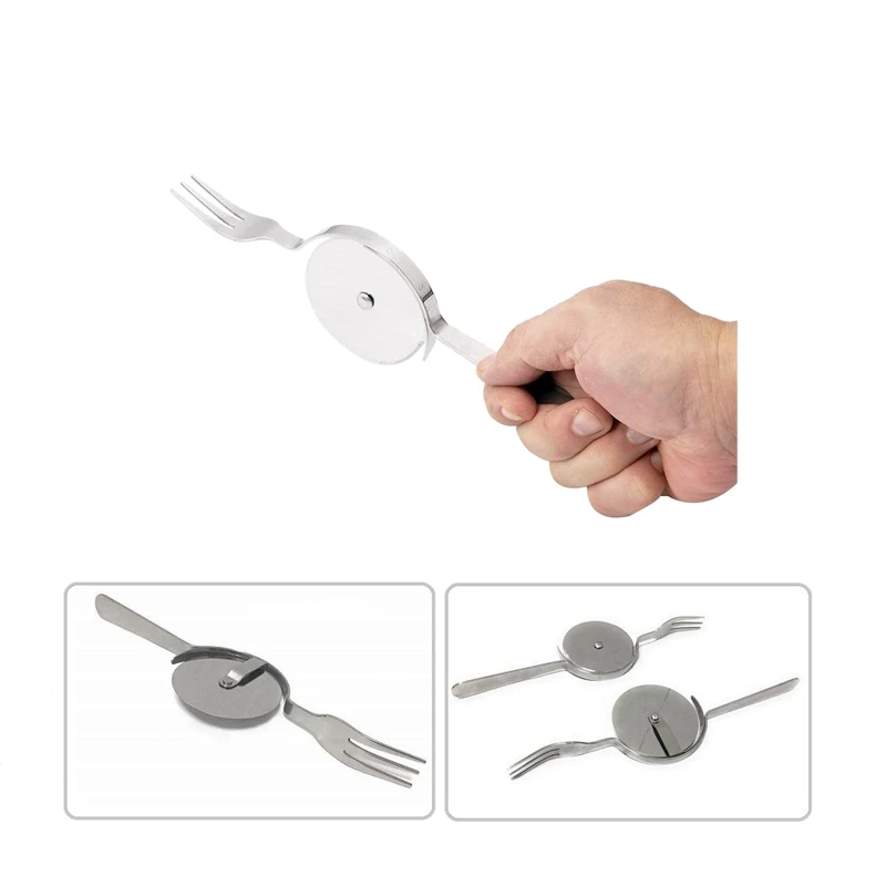 

Stainless Steel Cutter Pizza Knife Cake Tools with Fork Dual-Use for Pizza, Pies, Waffles and Dough Cookies Portable