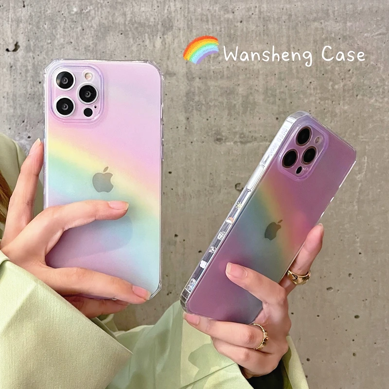 Colorful Pink Rainbow Transparent Phone Case For iPhone 13 Pro Max 12 Mini 11 X XS XR 7 8 Plus SE Fashion Soft Shockproof Cover
