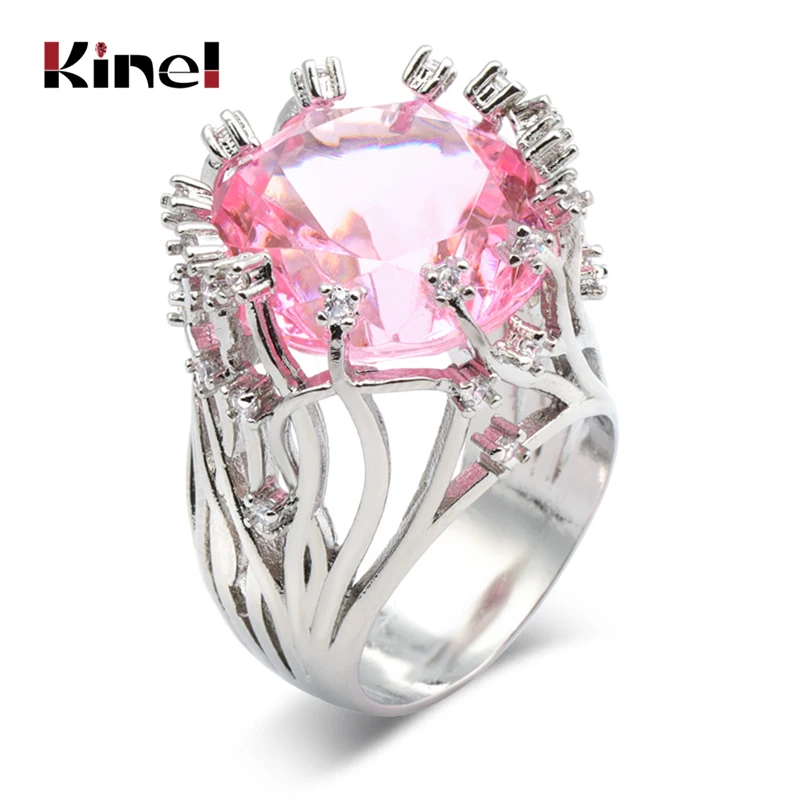 

Kinel Hot Pink Zircon Bride Wedding Rings Vintage Jewelry Fashion 925 Silver Big Ring For Women Crystal Gift