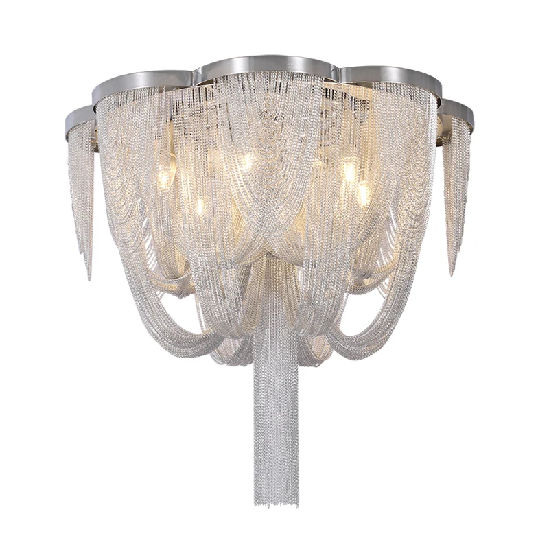 

Fashional Modern Aluminum Chain Chandelier Lustres Lamp Post Chrome Lighting Hanging Led for Living Room Foyer