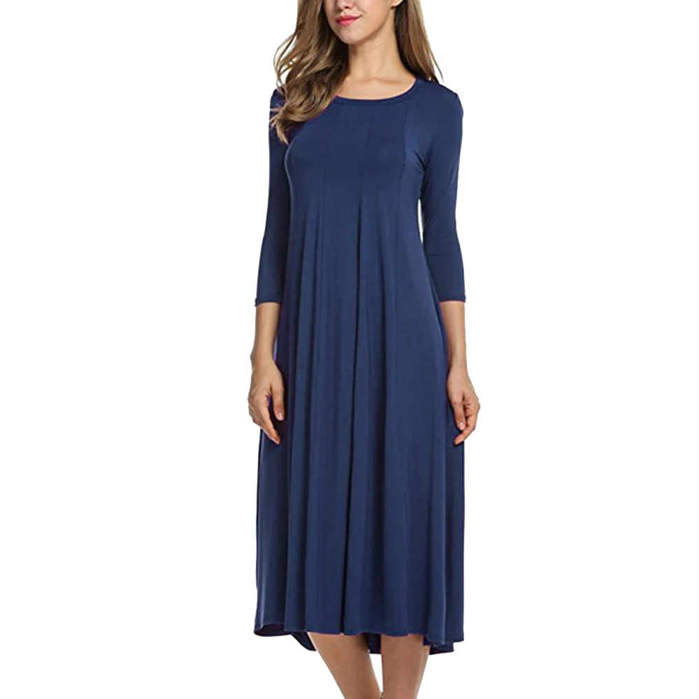 OEAK/ летнее женское однотонное Повседневное платье с круглым вырезом и длинными рукавами, мужское тонкое платье больших размеров - Цвет: Dark blue