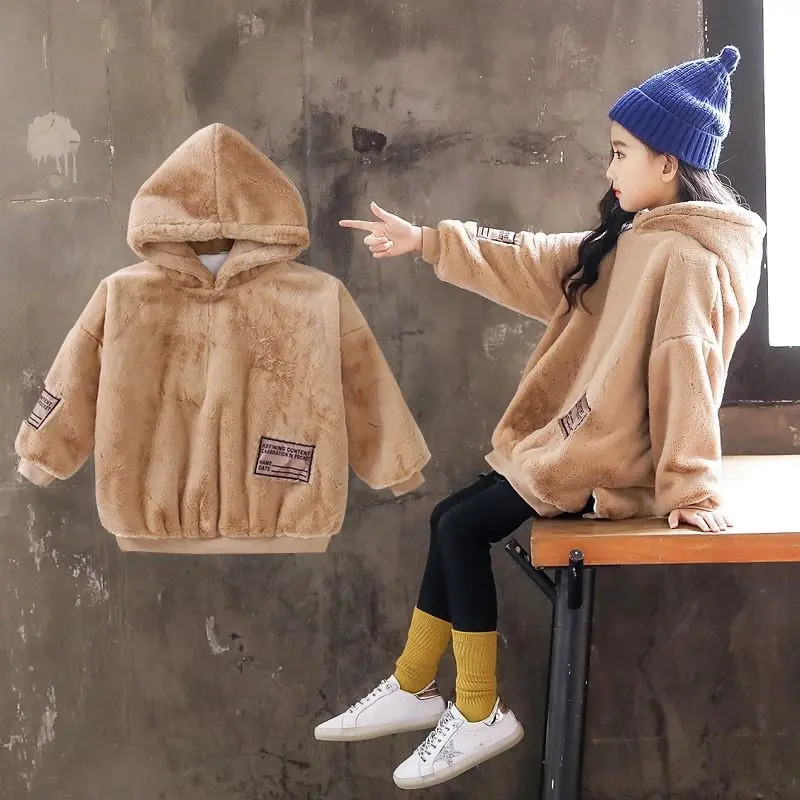 Kids Hoodies Letter Print Children Fleece Sweatshirts Fashion Clothes Teens Cotton Big Girls Thick Warm Clothes Winter Outerwear