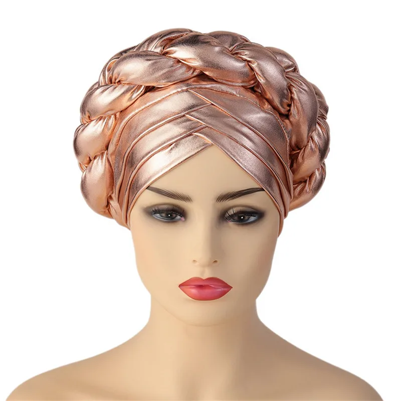Glitter Metallic Fabric Trecce Turbante Cap Per Le Donne Elegante Pieghettato African Aso-Oke Head Ties Ready Nigeria Auto Gele Headwrap