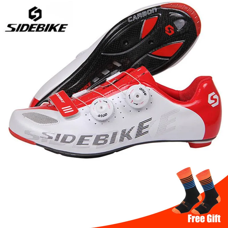 SIDEBIKE/Обувь для шоссейного велоспорта из углеродного волокна; комплект с педалью; sapatilha ciclismo; ультралегкие велосипедные самозакрывающиеся мужские кроссовки - Color: white add socks