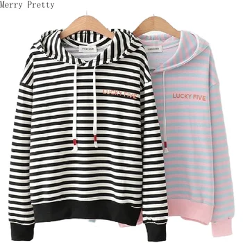 

2020 Women Spring Striped Hooded Sweatshirt Casual Letter Print Loose Long Sleeve New Arrival Female Fashion Pullovers