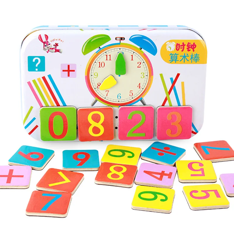 

Baby Wooden Toys Alarm Clock Children Wooden Montessori Number Cards Learning Early Educational Toys Gift