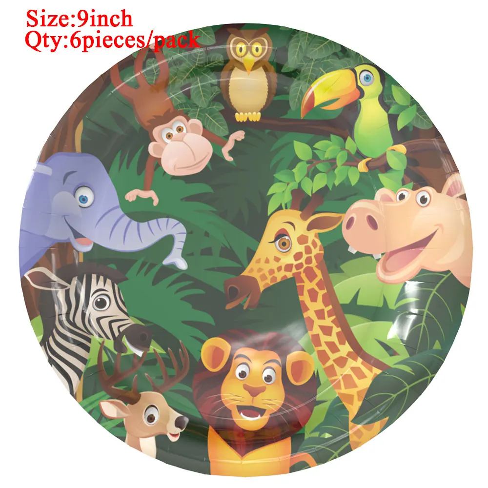 Plate-9inch-6pieces Мультяшные Джунгли животных Одноразовые Партии Посуда Наборы для детей день рождения Декор Салфетка под тарелку кружку скатерть вечерние принадлежности - Цвет: Plate-9inch-6pieces