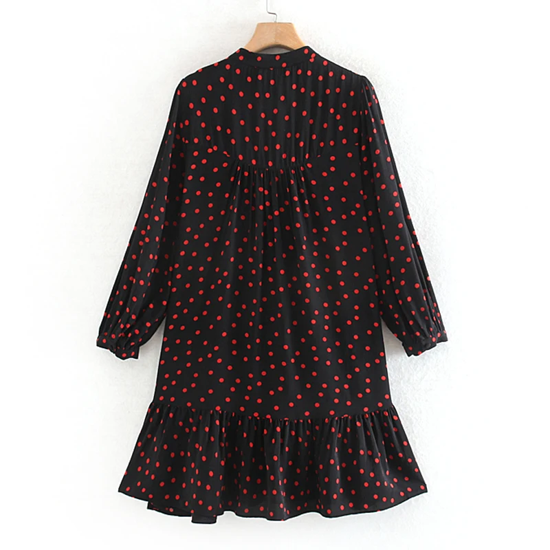 RR O Neck Dresses Women Fashion Dot Printed Buttons Dress Women Elegant Long Sleeve Mini Dresses Female Ladies KD