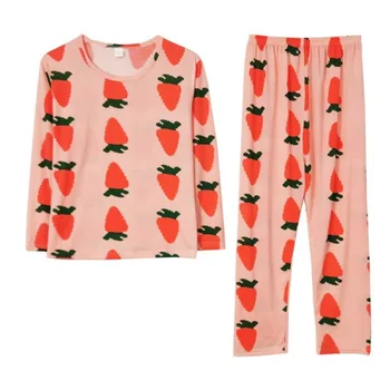 

Autumn Women Long Sleeve Pajamas Set Large Size 2 Piece Pyjamas Set Winter Strawberry Print Sleep Wear O Neck Home Wear Suit