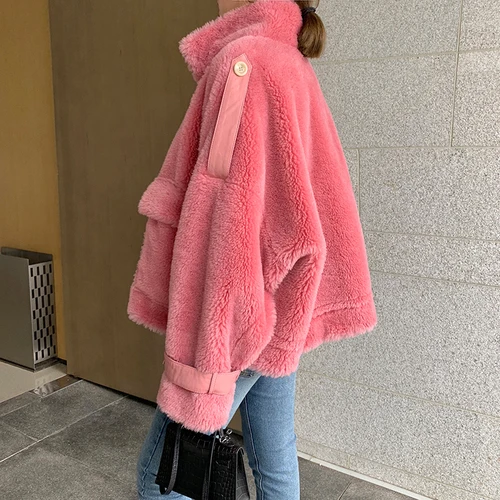 Pink Пальто из натурального меха, женская зимняя куртка, женская одежда, корейские короткие пальто для стрижки овец, винтажные куртки из шерсти, топы Hiver 001 - Color: Pink