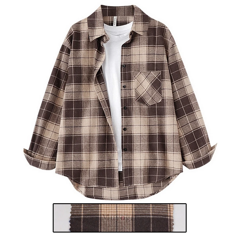 Muyogrt Women Shirt Plaid Oversized Brown Top Turn-down Collar Leisure Fashion Loose All-match Long Sleeves Soft Chic Korean Top