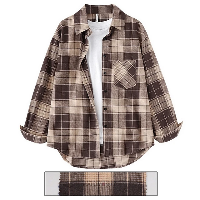 Muyogrt Women Shirt Plaid Oversized Brown Top Turn-down Collar Leisure Fashion Loose All-match Long Sleeves Soft Chic Korean Top Style1-BROWN3
