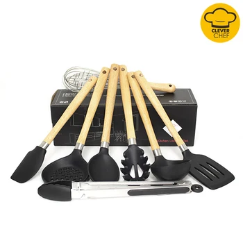 

8pcs/set Silicone Kitchenware Wooden Handle Black Kitchen Tool With Color Box Pasta Sever Stainless Steel Food Tongs