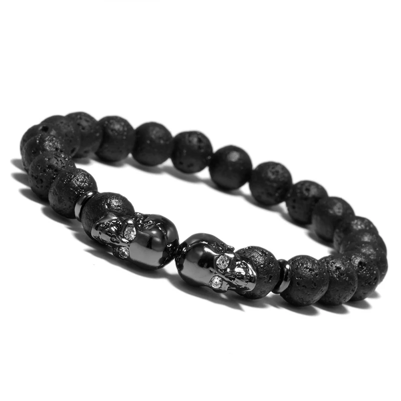 Punk Double Skull Head Design Beads Bracelet 4 Color Natural Stone Beaded Lava Braclet For Men Biker Wristband Jewelry Homme