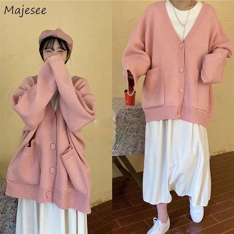 

Sweaters Women Pink Girlish Korean Style Lady Simple Solid V-neck Long Sleeve Cardigans Students Loose All-match Knitting Female