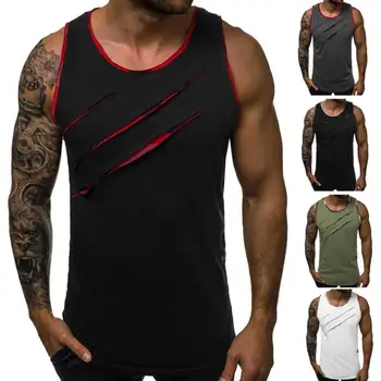 

Men Summer Stylish Solid Color Sleeveless Ripped Slim Vest Fitness Bottoming Top