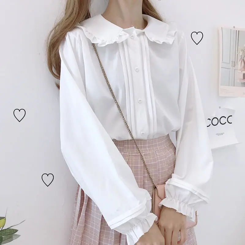Fashion Peter Pan Collar Lolita Blouse Kawaii Long Sleeve White Shirt Lantern Sleeve Top Teen Preppy Style School Girl Party